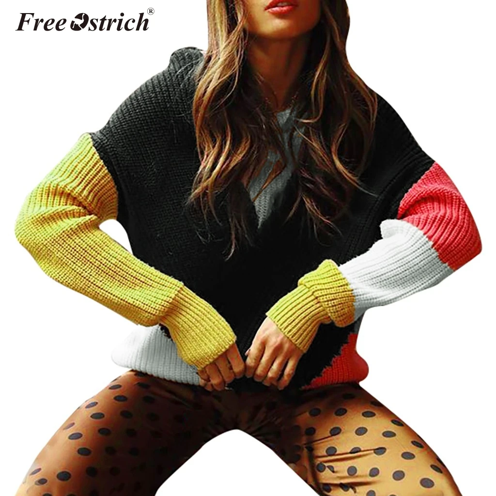 Free Ostrich Sweater Women 2019 Korean Style Fashion Ladies Full Sleeve Knitting Patchwork O-Neck Pullover Loose N30 | Женская одежда
