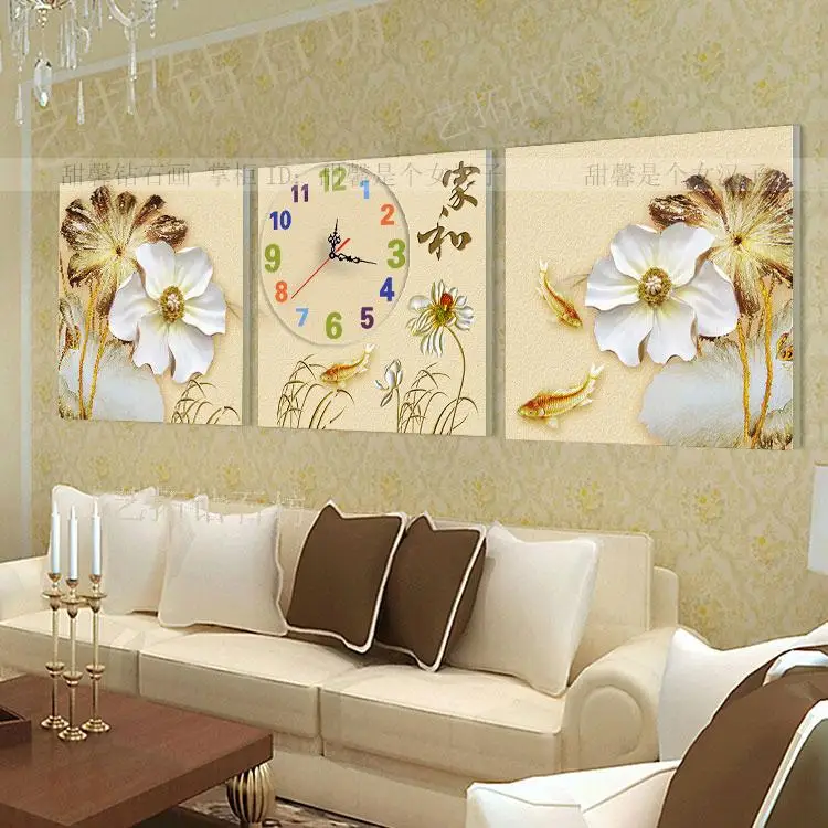 Большая алмазная живопись для гостиной, вышивка крестиком с часами, цветочные часы лотоса, тройные картины