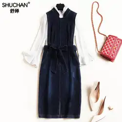 Shuchan повседневные женские комплекты высокого качества 2019 шифоновая белая блузка с расклешенным рукавом + Джинсовая безрукавка Платье До