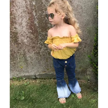 

Toddler Kids Baby Girl Off Shoulder Tops T-Shirt Denim Flared Pants Clothes Set Erkek Cocuk Kiyafetler Roupa Menina Conjunto