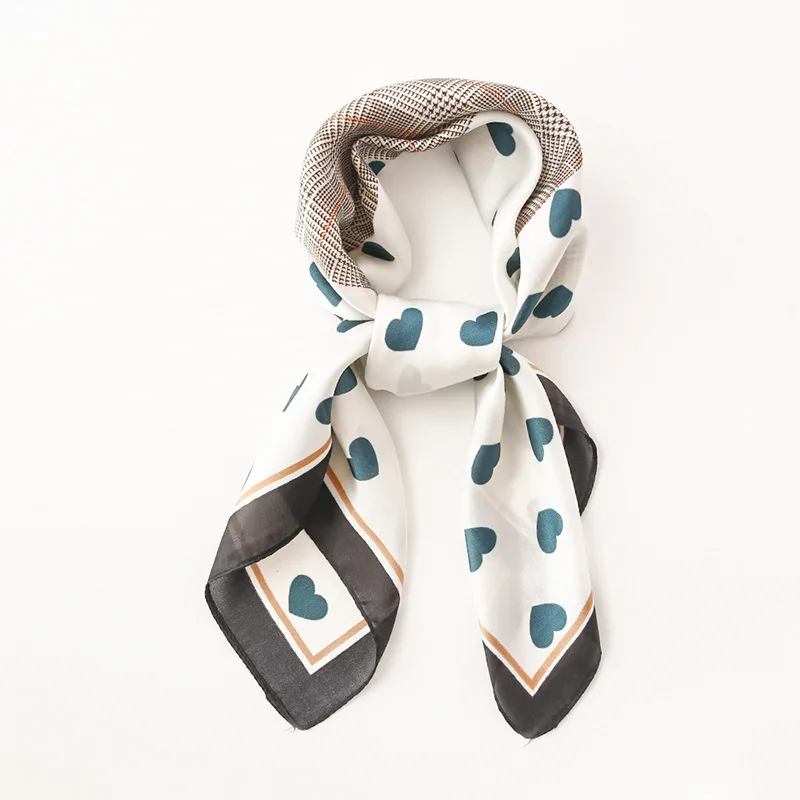 

Yishine 70*70 CM 3 Colors New Silk Scarf Joint Houndstooth Heart Printed Women Shawl Satin Squares Head Bag Decorative Scarves