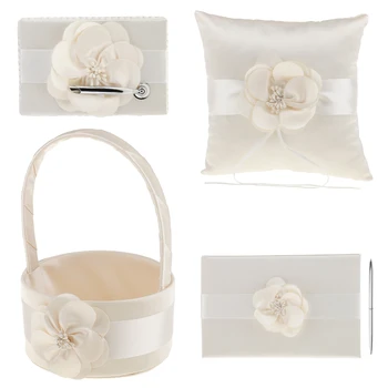 

4Pcs Sash Wedding Ceremony Sets Guest Book Pen Holder Flower Basket Ring Pillow Champagne Flower Pots for Wedding Party Decor