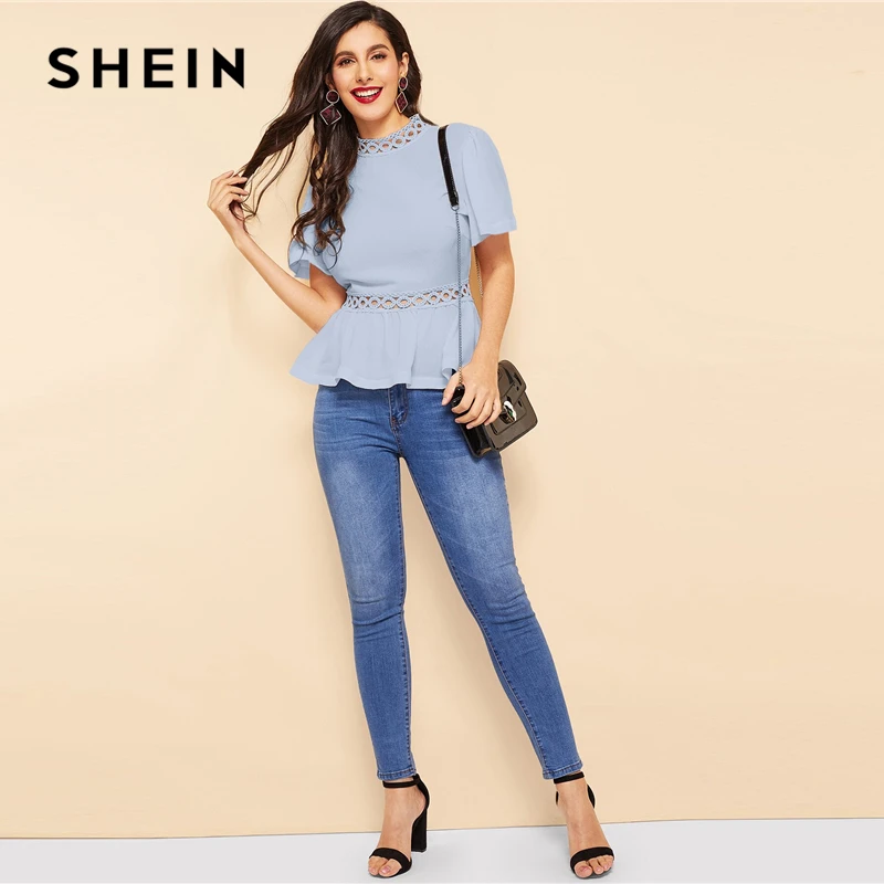 SHEIN модный топ с рукавами-крылышками и кружевной вставкой, элегантный однотонный топ с воротником-стойкой, летние женские блузки с коротким рукавом