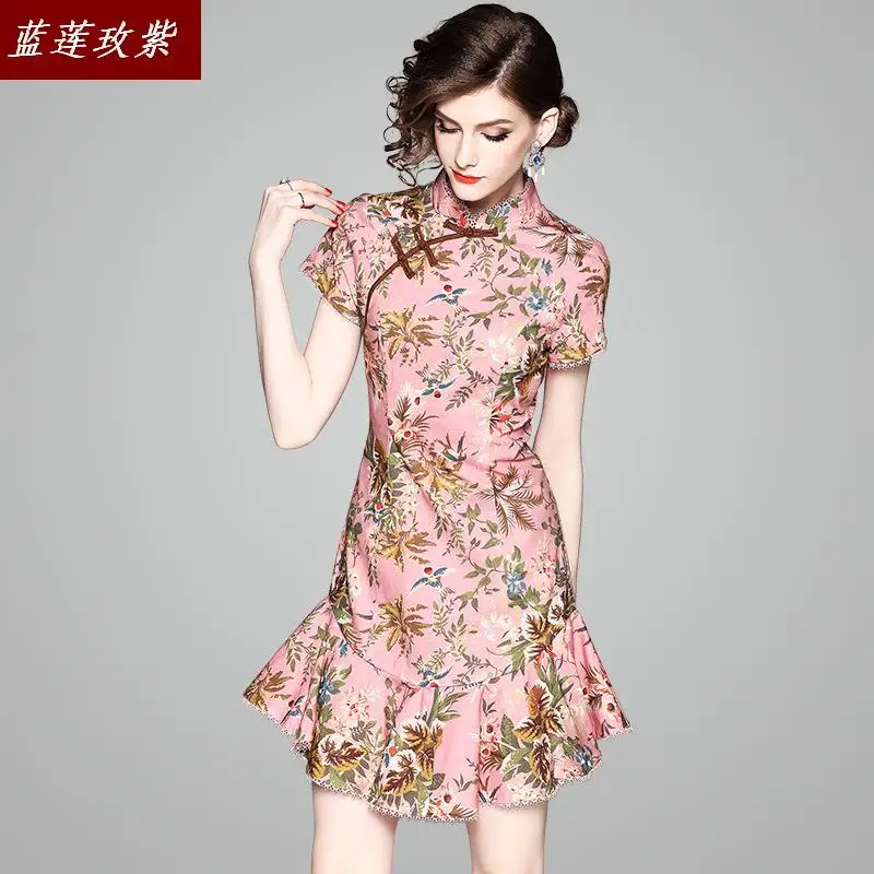 

Spring and summer qipao dress 2019 New Women's clothing chinese style slim Cheongsam lady short sleeve Printed Fishtail Dress