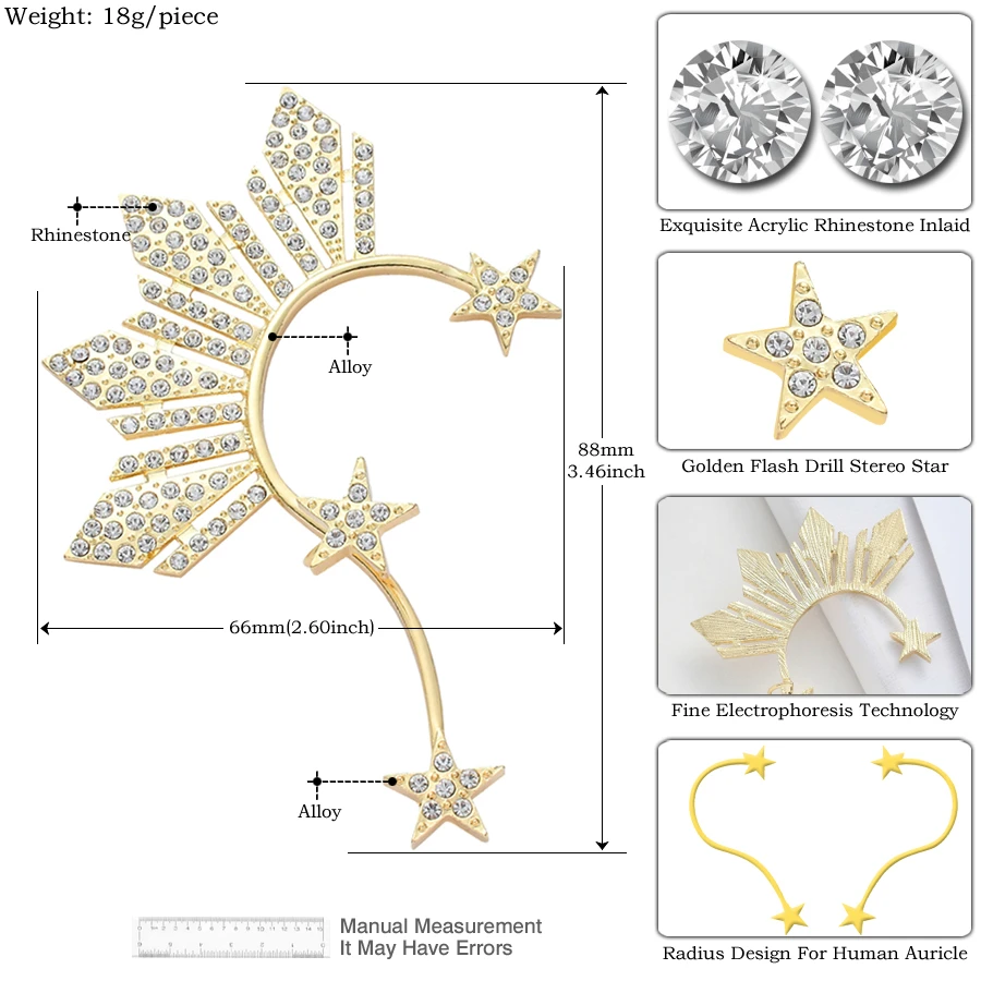 1 шт., стразы, звезды, запонки, клипсы, без пирсинга, для женщин, золотой цвет, кристалл, большие серьги, манжета, модное ювелирное изделие, подарок