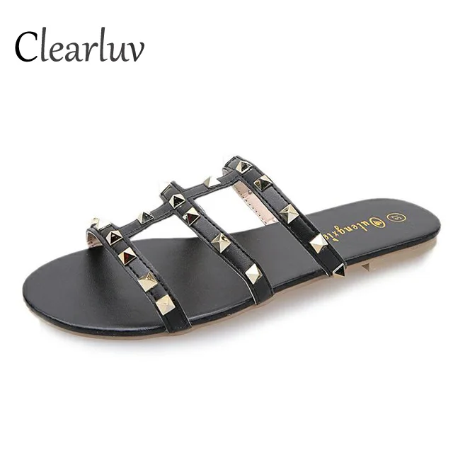

2019 Ladies Cheap Rivets Lovely Flat Heel Summer Shoes Gladiator Sandals WomenBrown black white Rome Girl Sandal 35-40 C0784