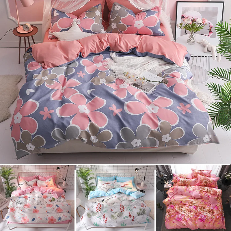 

3pcs/4pcs Simple Pink Flower Bedroom Bedding Set Bedclothes Polyester Floral Leaves Sheet Pillowcase Duvet Cover Sets