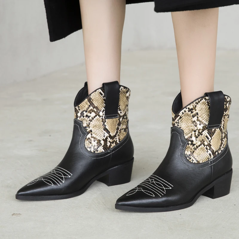 

Ankle Boots for Women Snake High Heels Shoes Woman Pointed toe Genuine Leather Ankle Boots Spring Autumn Short Botas Mujer