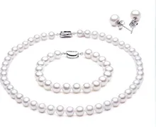 Women Gift word 925 Sterling silver real natural freshwater pearl necklace bracelet earring set buy nearly round, near flawle