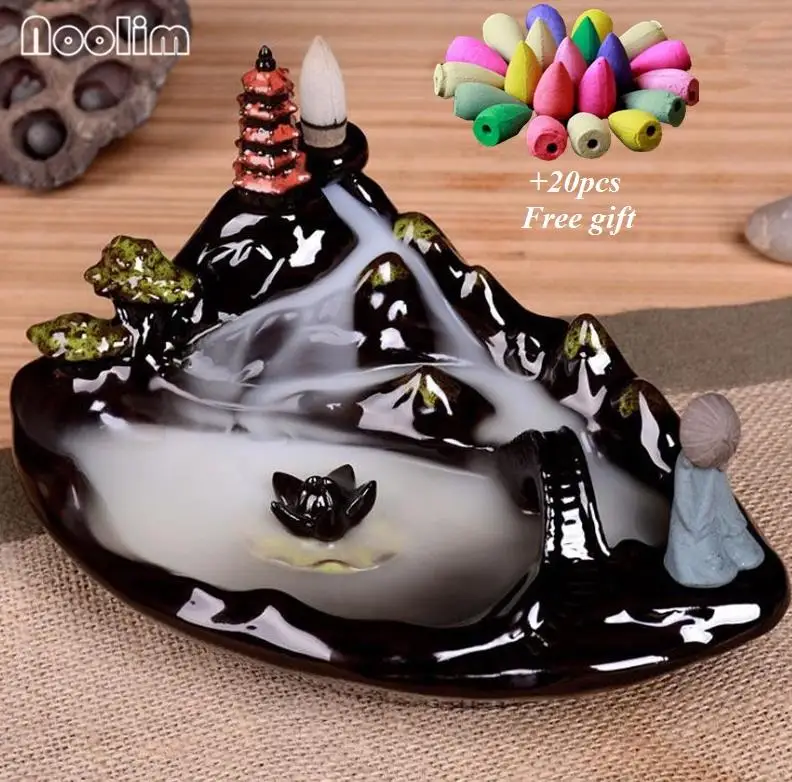 Big Size Mountain River Ceramic Backflow Incense Burner Tabletop Micro Landscape Home Decor Aromatherapy Censer+10Pcs Free Cones - Цвет: With 20pcs Mixed