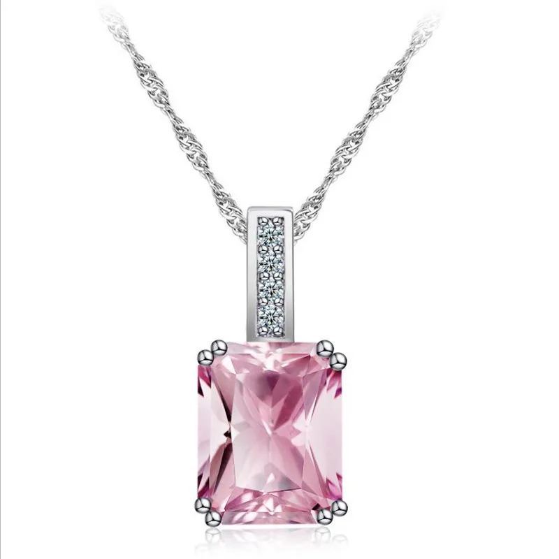 LUKENI New Fashion Silver 925 Female Choker Necklace Jewelry Charm Pink CZ Zircon Square Women Pendants Necklace Lady Christmas