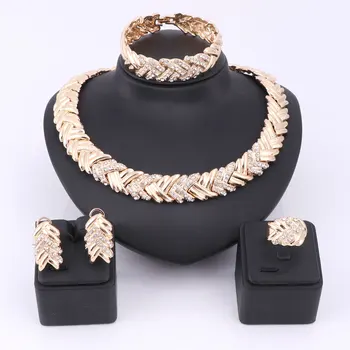 

Bridal Dubai Gold Color Jewelry Sets Crystal Necklace Bracelet Earring Nigerian Wedding Party Fashion Jewelry Set