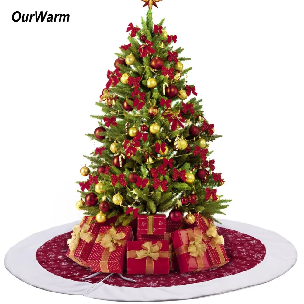 

OurWarm 48inch Velvet Christmas Tree Skirt Red and White Snowflakes Xmas tree Skirt Carpet Party Ornaments New Year Decoration