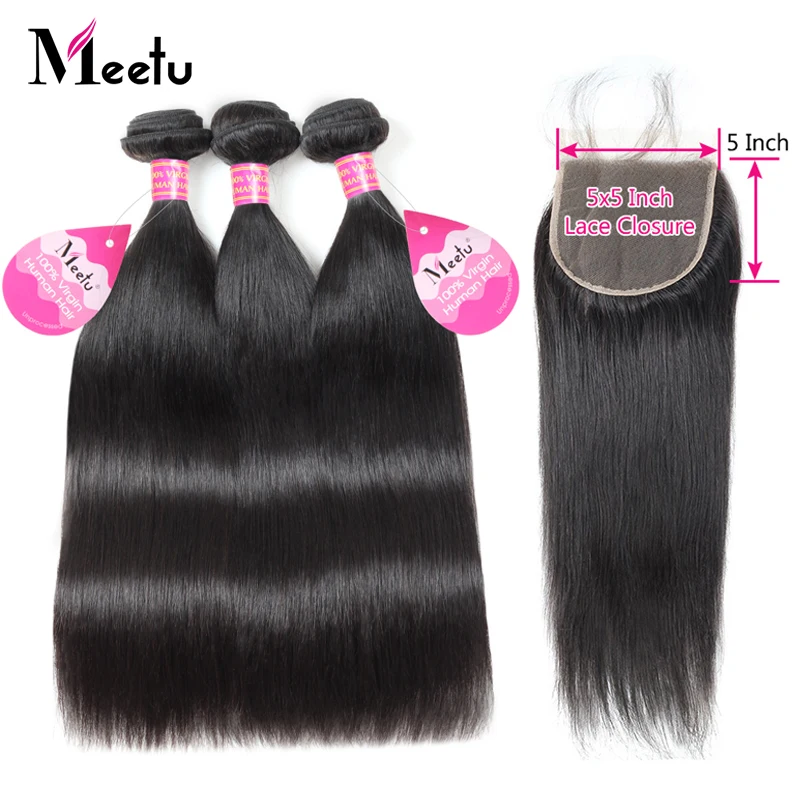 

Meetu Brazilian Straight Hair Bundles with Closure 5x5 inch Human Hair Bundles with Closure 3 Bundles with Lace Closure Non Remy