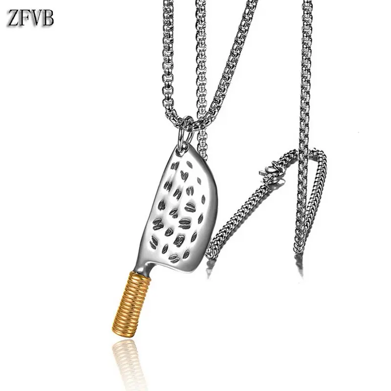 

ZFVB Vintage Kitchen knife Necklace Men Chain Stainless Steel Box Chain Gold color Cleaver Pendant Necklaces Tool Jewelry Gift