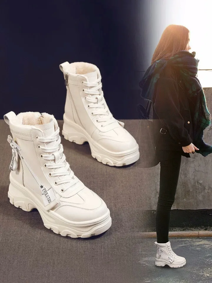 DIWEINI Leather Women's Chunky Boots Winter Thick Fur Warm Women Platform Sneakers Fashion Combat Boot Woman Martin Shoes