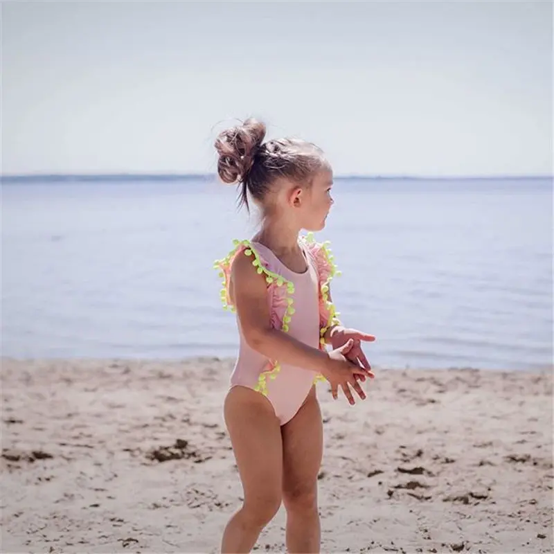 Купальник для маленьких девочек, Цельный Детский купальник, однотонный купальный костюм с кисточками, купальный костюм, комбинезон, От 1 до 6 лет