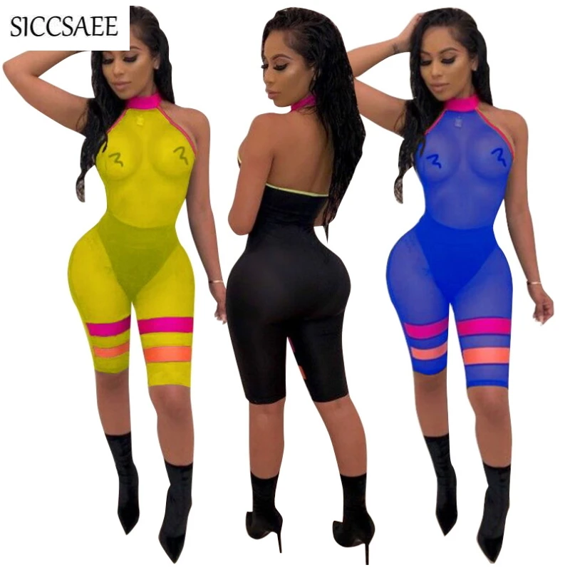 

See Through Mesh Halter Bodycon Bodysuit Striped Turtleneck Backless Bandage Jumpsuits Knee Length Perspective Summer Sexy Club