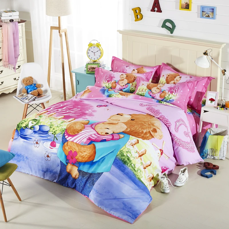 100 cotton cartoon Hug bears Bedding Set Duvet Cover Bed sheet