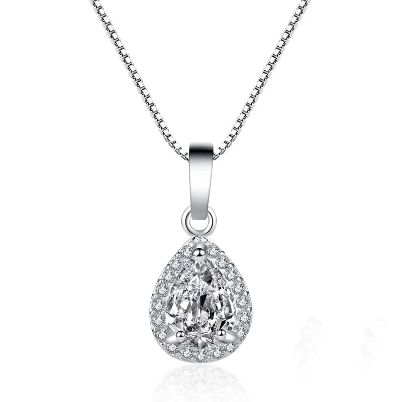 

Pure Plata Necklace Female Big water drop CZ Crystal Pendant Necklace With Box Chain Elegant Brief Anti-allergic