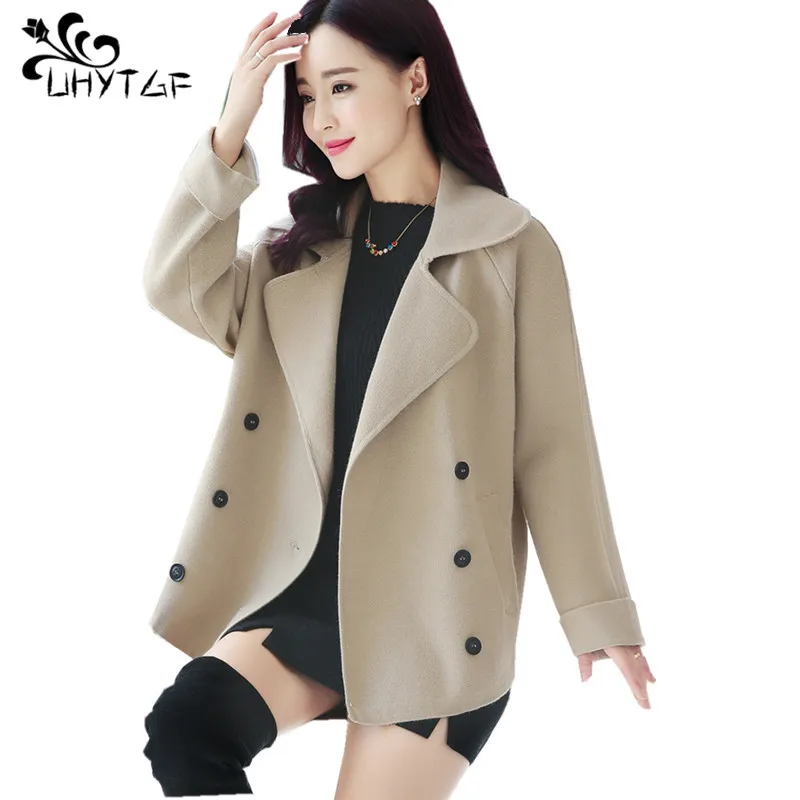 

UHYTGF Women Coat Double-Breasted Cardigan Wool Jacket Casual Short Tops Female Loose Size Outwear Abrigo Lana Mujer Jas Dames 9