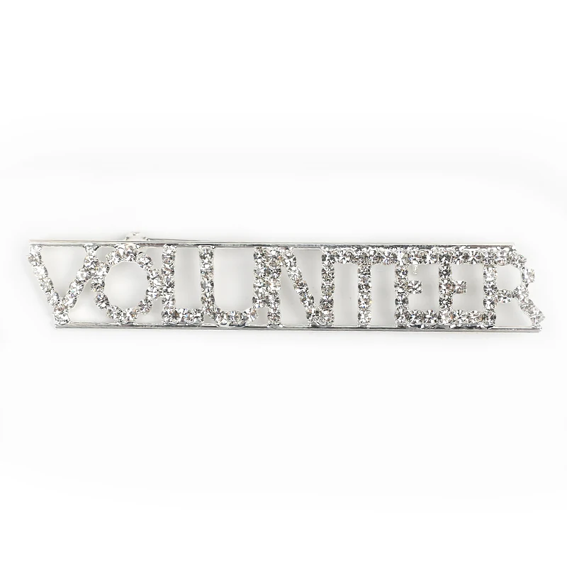 

VOLUNTEER Words Broohes for Man Women Fashion Crystal sliver Brooch Sweater Scarf Suit Charming Female Rhinestone letter Pin