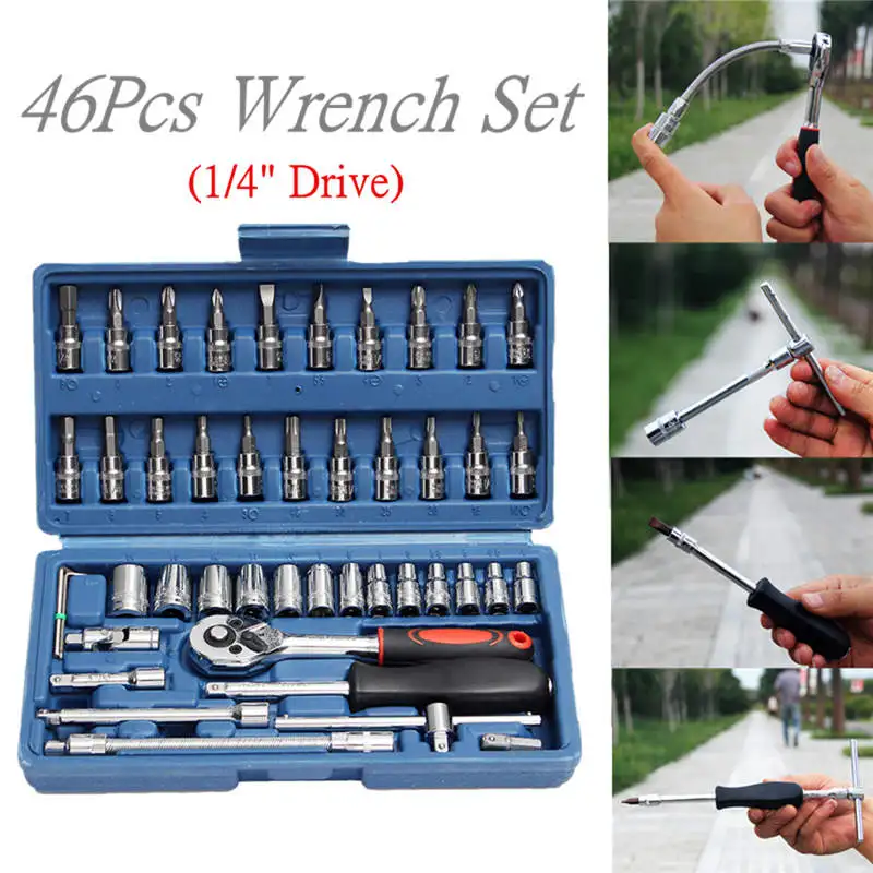 

Doersupp 46pcs 1/4 Drive Ratchet Wrench Auto Repair Tool Combination Package Socket Set Chromium Vanadium Alloy Steel