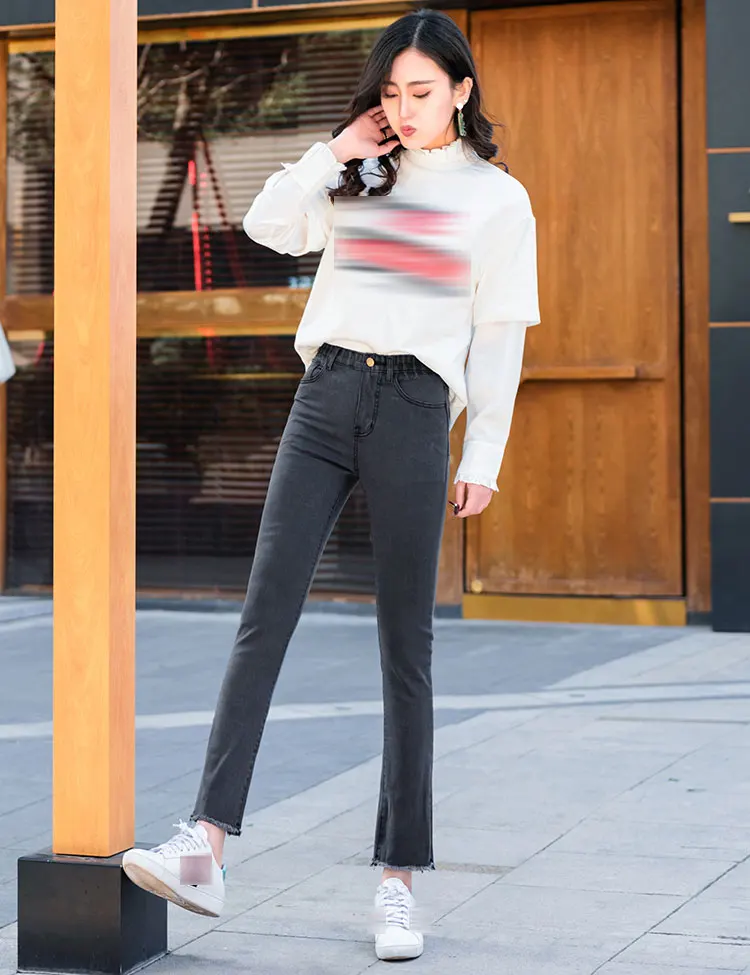 2019 весна эластичный пояс корейский стиль женский узкие джинсы тонкий высокая талия по щиколотку брюки свободные прямые повседневные брюки