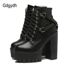 Gdgydh botas negras de moda para mujer, tacón, Primavera, encaje de otoño, zapatos de plataforma de cuero suave, botines de fiesta para mujer, tacones altos Punk