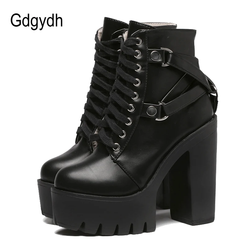 Gdgydh Fashion Black Martin Boots Women Spring Autumn Lace-up Soft Leather Platform Shoes Woman Party Ankle Boots High Heels : image Gdgydh Fashion Black Martin Boots Women Spring Autumn Lace-up Soft Leather Platform Shoes Woman Party Ankle Boots High Heels