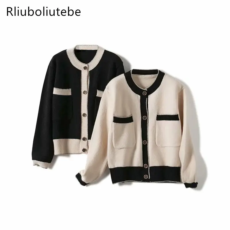 

Black Women Knit Cardigan Sweater Pocket Button Up Sweater Long Sleeve Casual Winter Autumn Knit Jumper Vintage Retro Cardigan