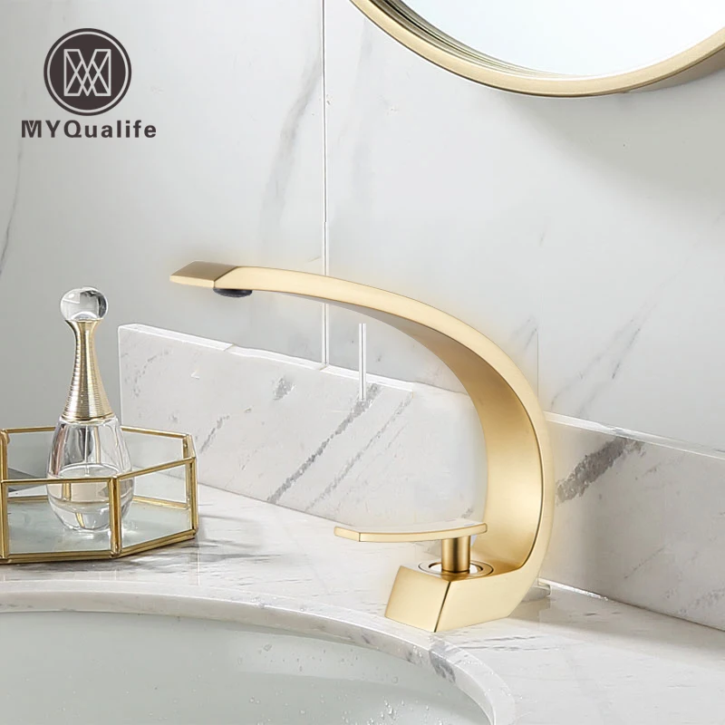 MYQualife Креативный дизайн матовый золотой смеситель для раковины Смеситель для мойки бортике холодной и горячей ванной кран