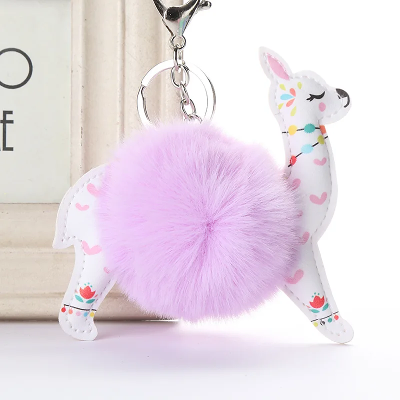

Fluffy Fur Ball Cute Alpaca Keychain Leather Animal Keyring Charm Chaveiros Artificial Rabbit Fur Pompom Key Chain Women Jewelry