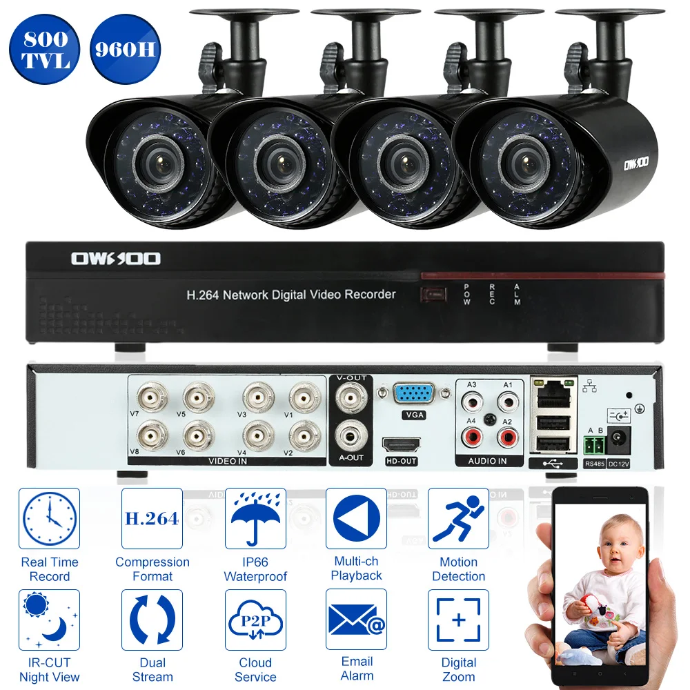 

OWSOO 8CH CCTV Camera System Full 960H/D1 Video Surveillance DVR 4PCS 800TVL Outdoor Camera Night Vision CCTV Security System