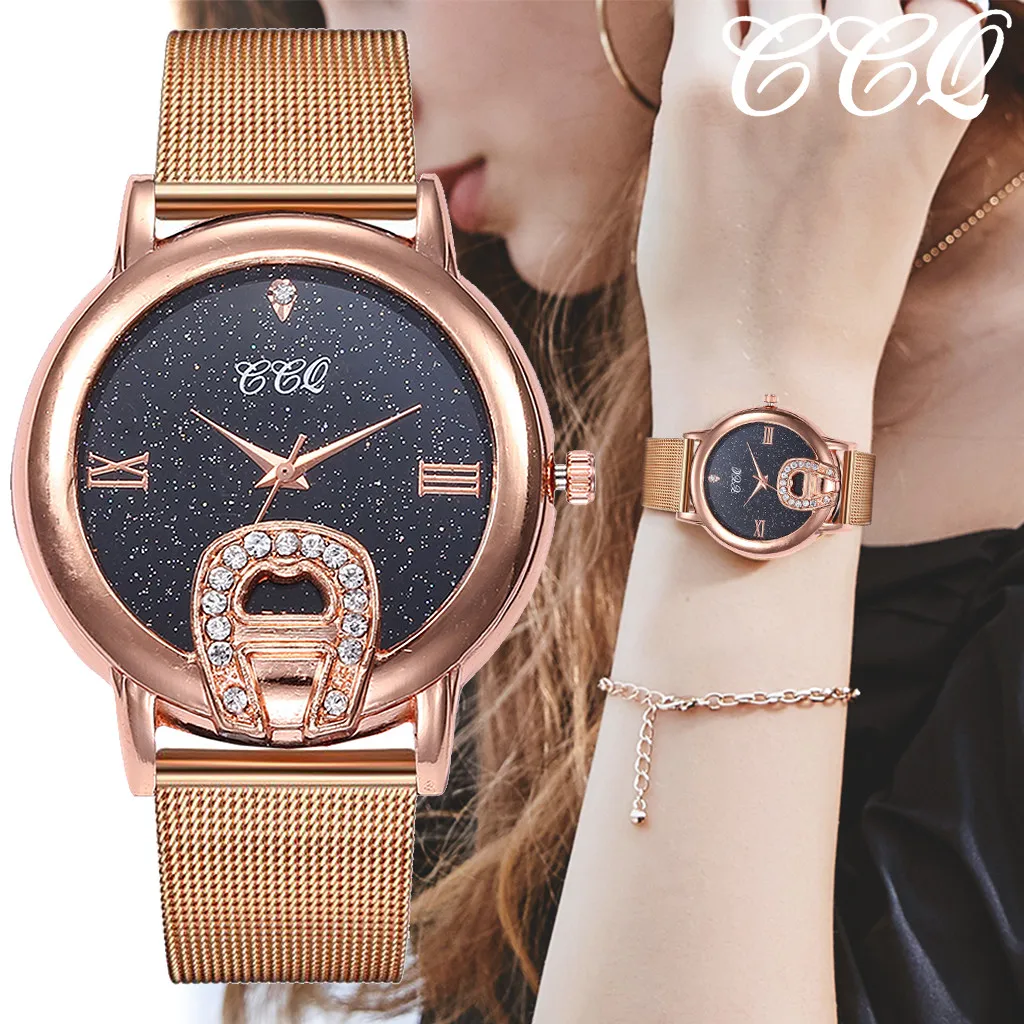 

CCQ Casual Rose Gold Mesh Band Analog Wrist Watch Women Rhinestone Watch