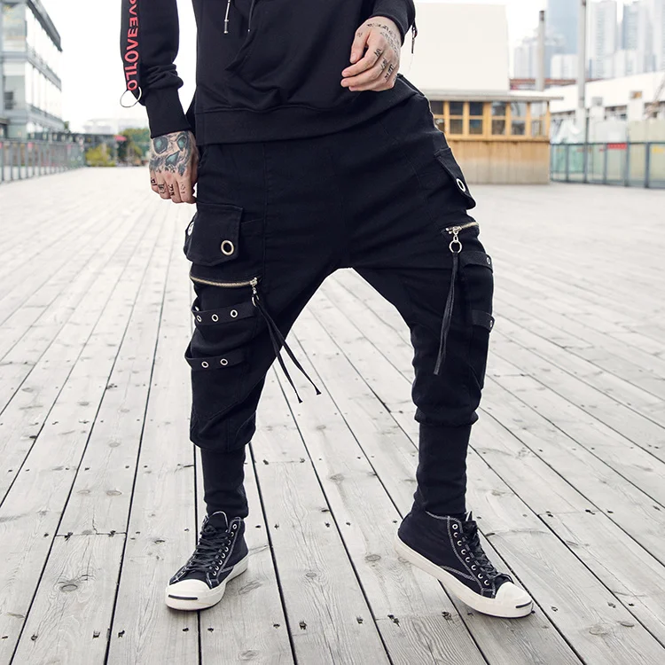 Джинсы на молнии с металлическим кольцом, карманами и лентами, байкерские Мужские штаны в стиле панк-рок, хип-хоп, карго-шаровары, брендовые черные джинсовые брюки Kanye West