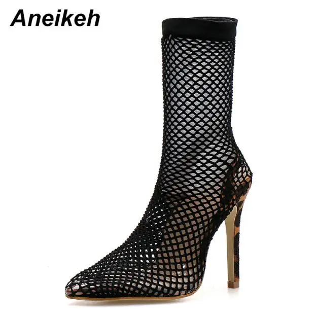 Aneikeh/ г. лаконичные черные и зеленые сандалии из ПВХ, женские сапоги без шнуровки, с сеткой, до середины икры, с острым носком, на тонком каблуке, под змеиную кожу, с леопардовым принтом, 42 - Цвет: Black