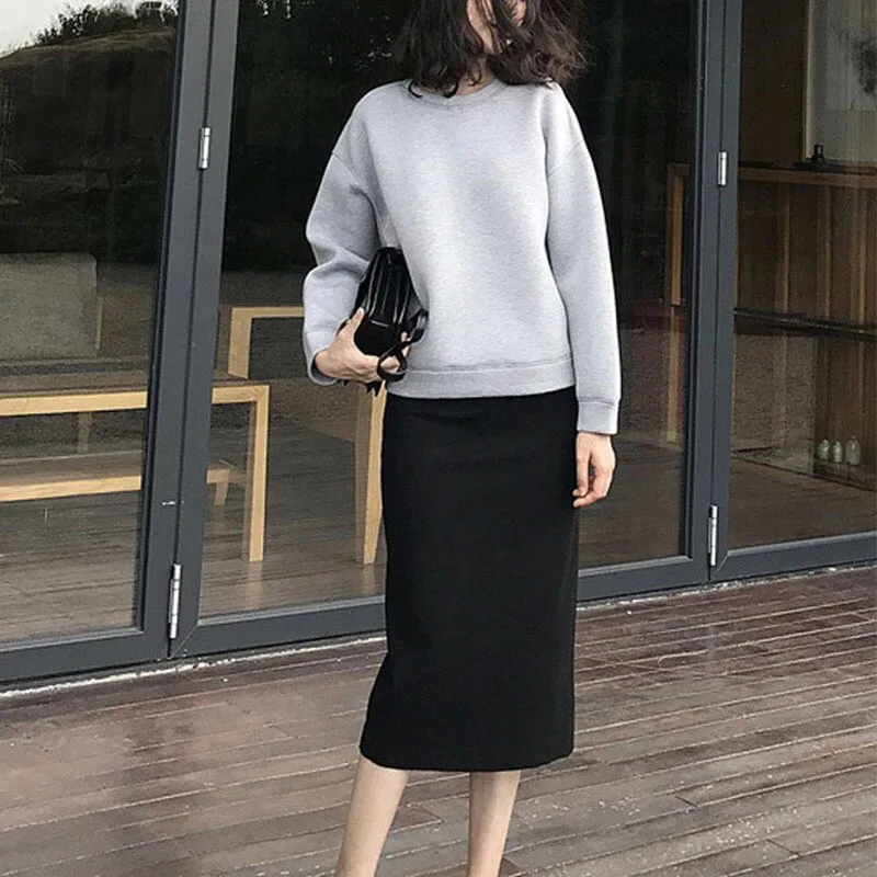 Winter Two Piece Set Skirt Hoodies O Neck 2 Piece Set Women Skirt Top Loose Sweatshirts+Pencil