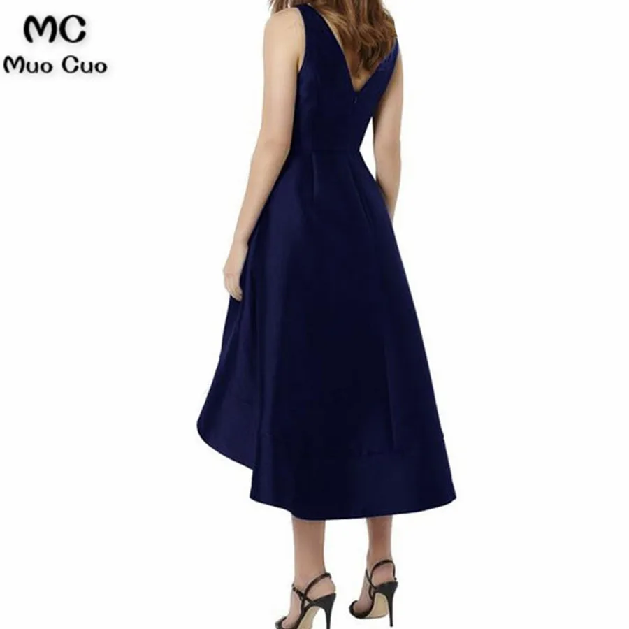 A-line V-neck Navy Satin Wedding Midi Bridesmaid Dresses High Low Party Dress 3