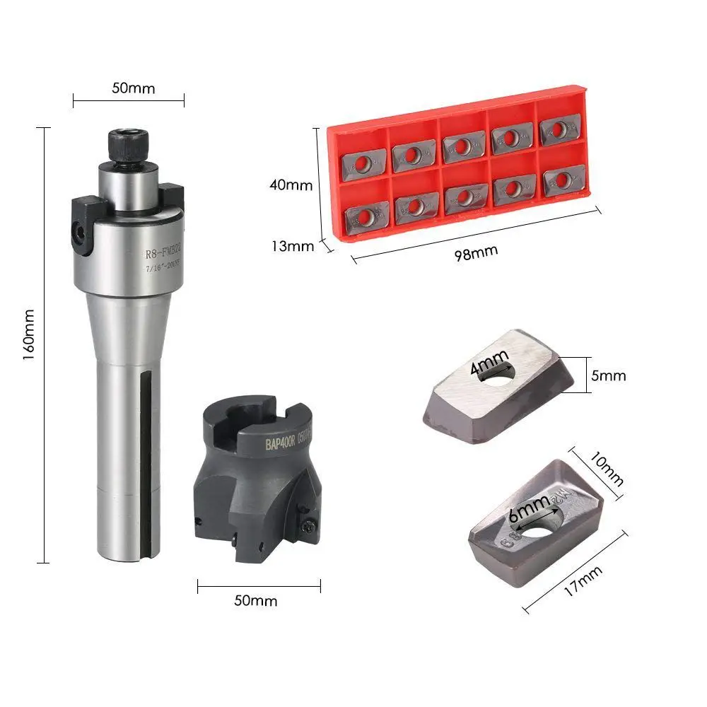 

2 inch R8-FMB22 Shank Face Shell Mill Arbor+400R 50MM CNC End Milling Cutter+10pcs/box APMT1604 Carbide Inserts+T15 Wrench CNC