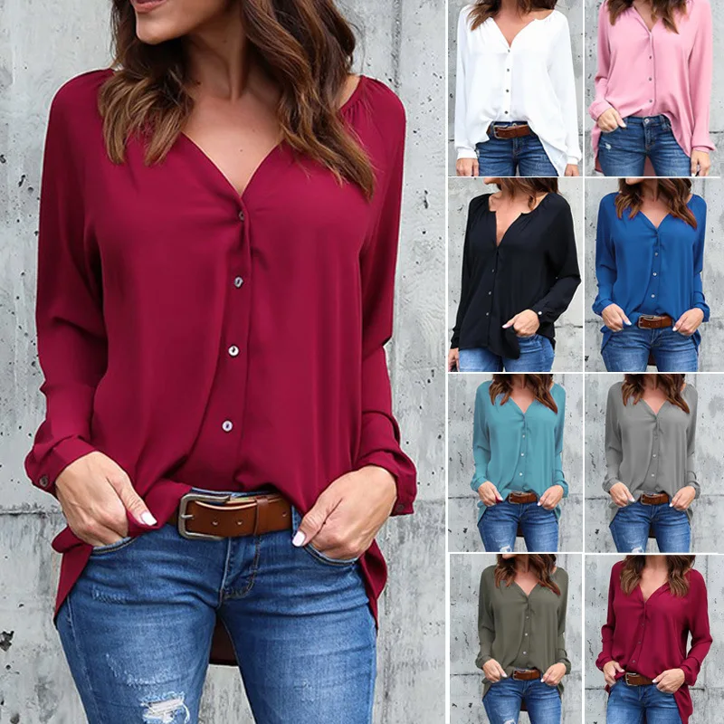 

Women Loose Chiffon Shirt Ladies V-neck Button Long Sleeved Blouse Plus Size 5XL Tops