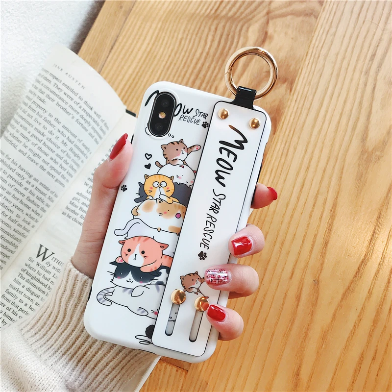 

Cute cartoon Japanese style cat wrist strap Support functions soft shell phone Case For Apple iphone 6 6s 7 8 Plus X XS XR MAX