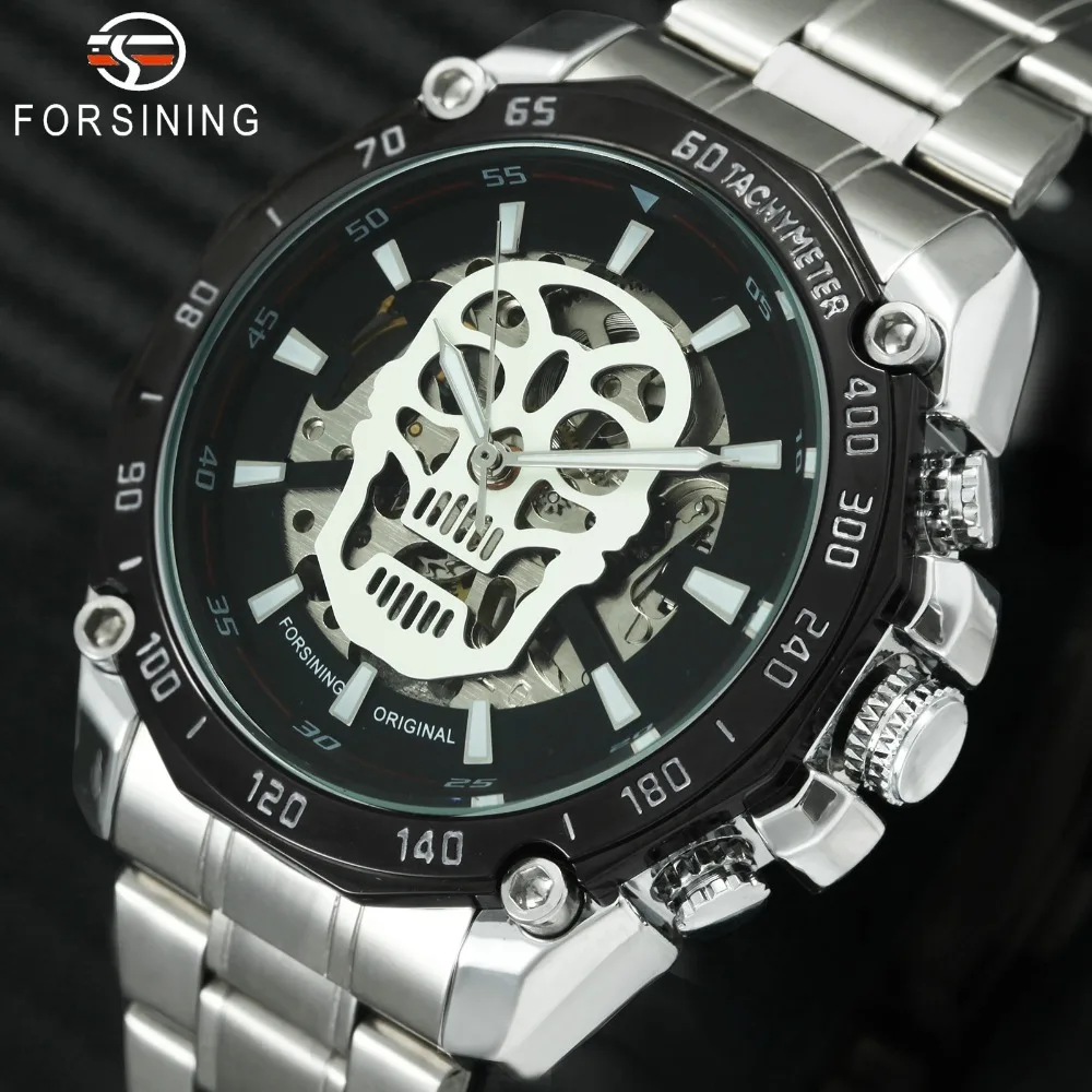 

FORSINING Fashion Military Auto Mechanical Watch Men Top Brand Luxury Luminous Skull Skeleton Dial Stainless Steel Wristwatches