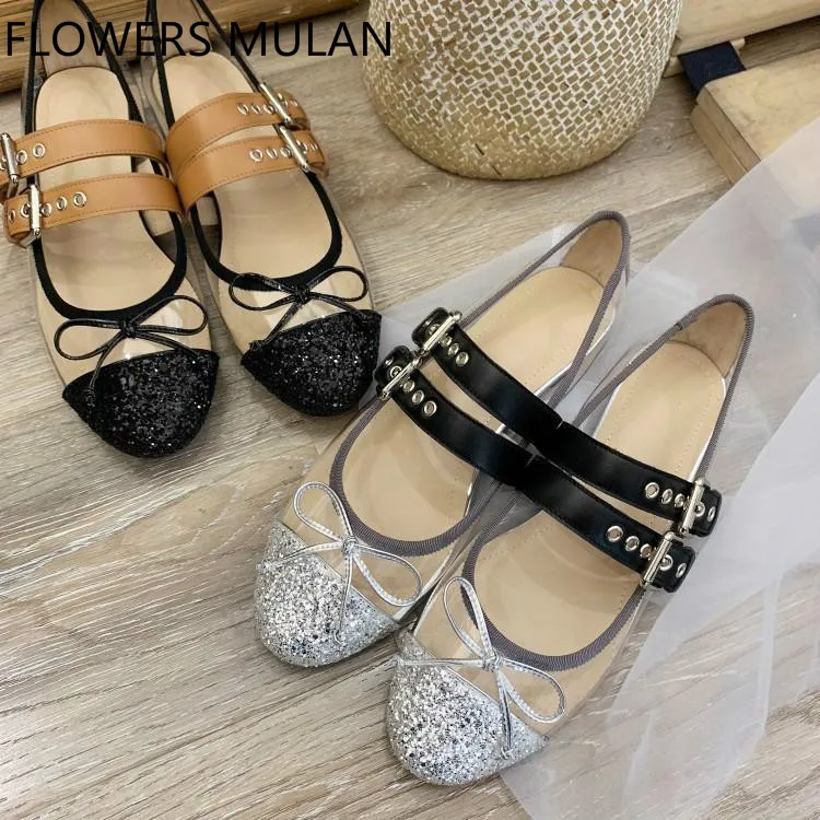 

Bling Sequined Cloth Transparent PVC Patchwork Upper Girl Ballet Flats Round Toe Soft Rubber Heels Shoes Woman Bowtie Zapatos