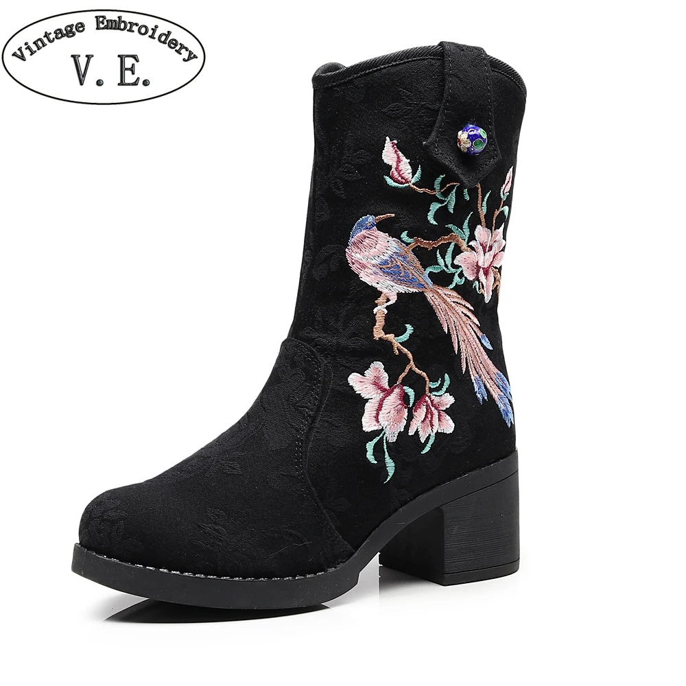

Vintage Embroidery Botas Femininas De Inverno Chinese Style Ethnic Women's Winter Black Boots Thick Heels Rubber Shoes Woman