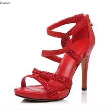 Olomm/Новые Модные женские босоножки со стразами; пикантные босоножки на тонком высоком каблуке; красивые вечерние туфли с открытым носком; цвет красный, белый; женские размеры США 4-8,5