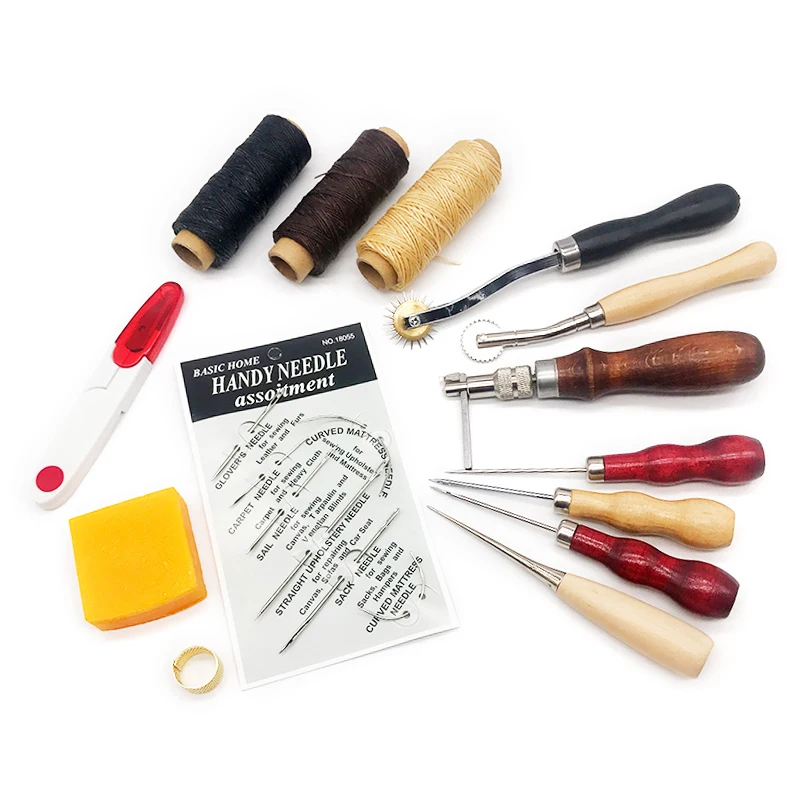 

14pcs/Set Leather craft Tool kit Hand Stitching Sewing Leather Craft Tool Sewing Saddle Groover Punch Tools Kit Wood