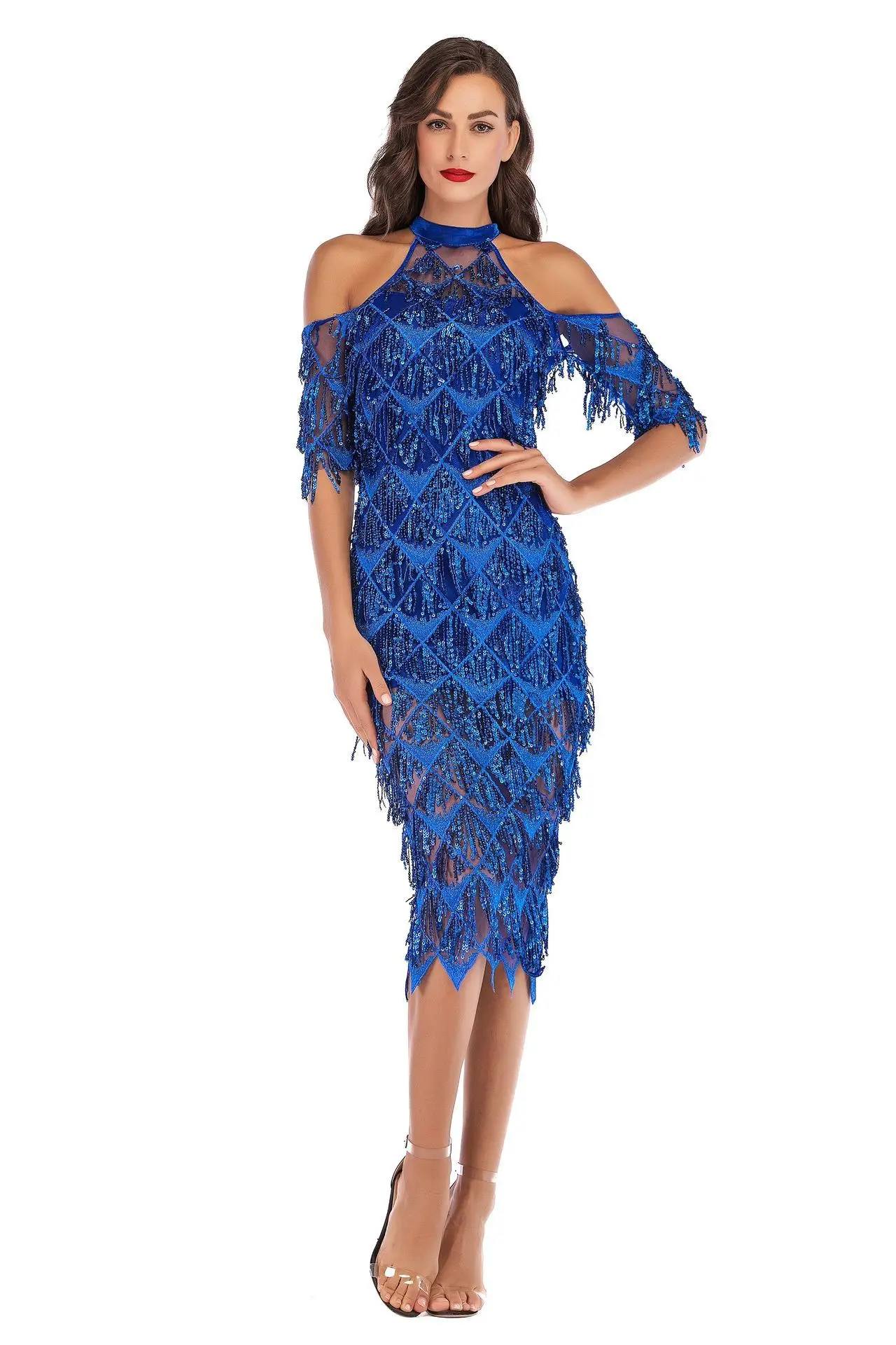 BacklakeGirls новое коктейльное платье из фатина Холтер рукава средней длины вырезанное платье для женщин длиной до колена с кисточками и бисером - Цвет: Hide blue