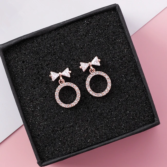 

2018 Shiny Zircon Bowknot Geometric Drop Dangle Earrings For Girl Sweety Cute Rhinestone Circle Pendientes Small Fine Jewelry