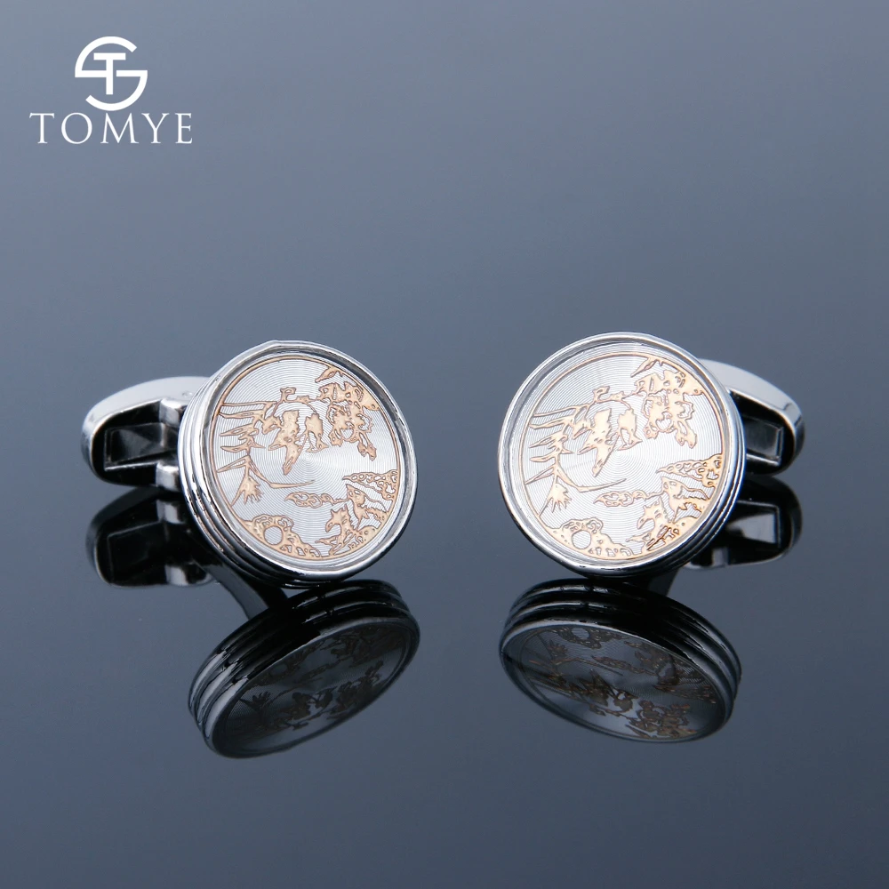 

TOMYE Mens Cufflinks Grey Silver Round Golden Pattern Personalised Brass Cuff Links Studs Custom Gift XK19S077